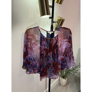 Ella Moss Silk Marble Print Cape Top Purple Blue Gold Bar Hardware XS ET17163